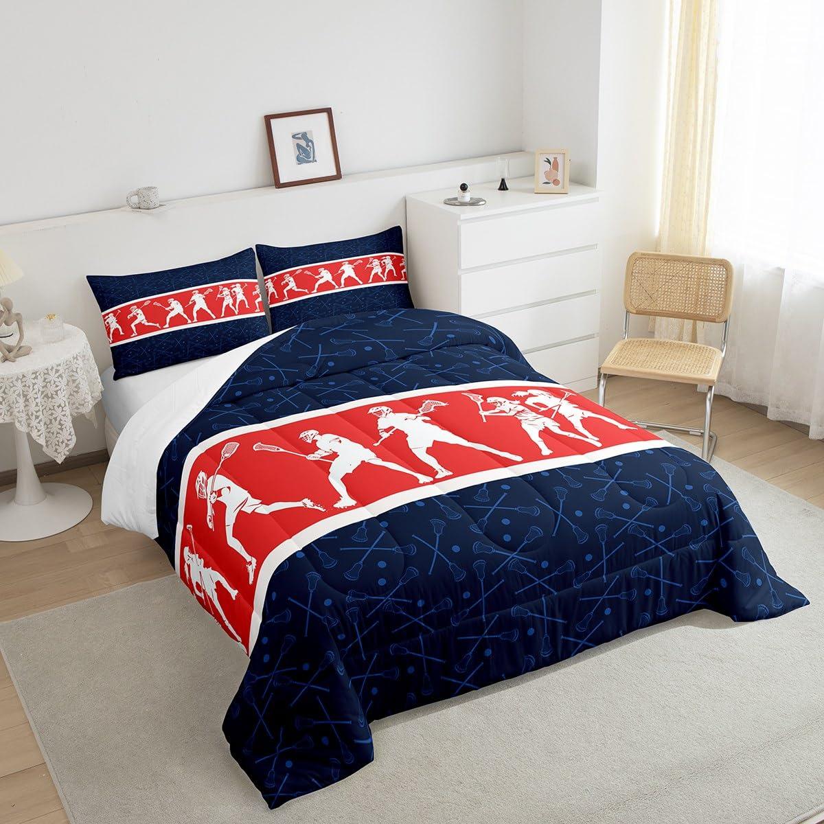 Feelyou Feelyou Lacrosse Comforter Set Twin Size Boys Gilrs Sports Bedding Set for Kids Adults Soft Lacrosse Player Games Comforter Navy Blue Red Duvet Set Room Decor Quilt 2Pcs Boys