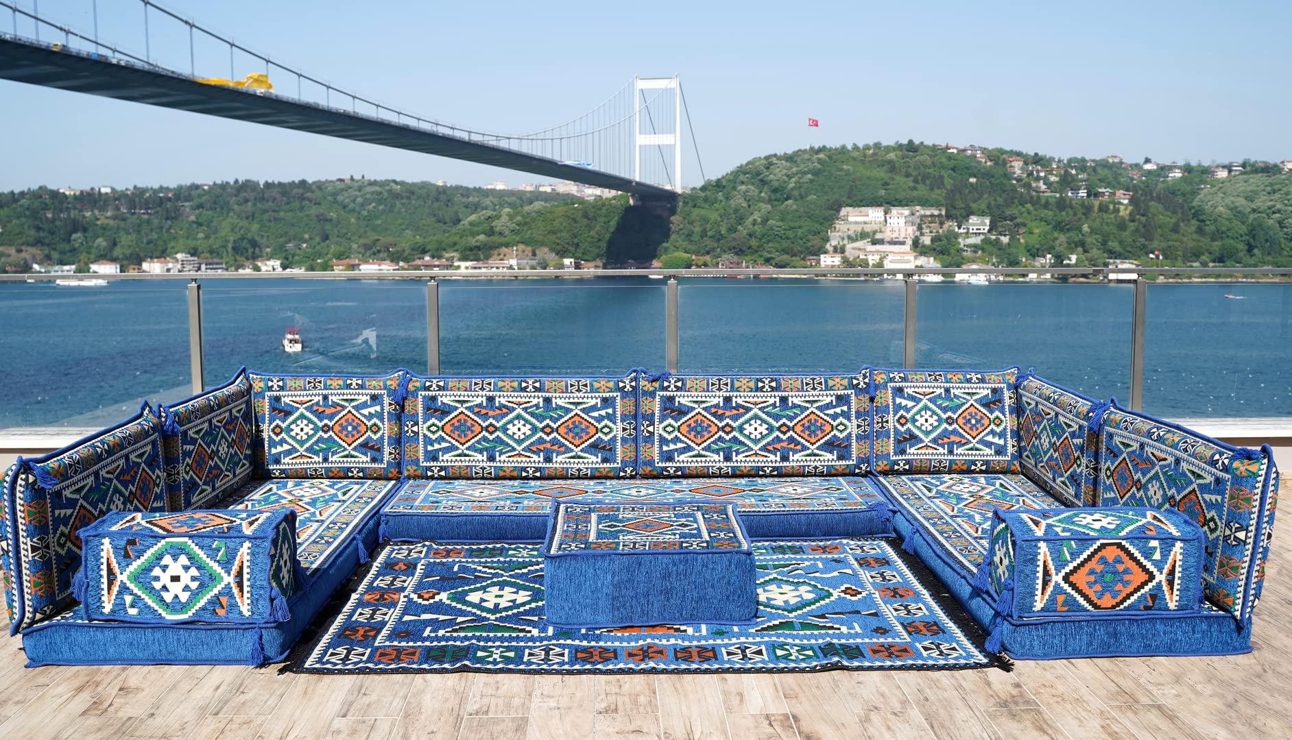 arabicsofa Arabic Sofa, Moroccan Sofa, Modular Cushion, Blue Garden Sofa Set, Bench Pillow Set, Corner Sofa Set, Bohemian Furniture, Floor Cushion Set (U Sofa + Rug + Ottoman)