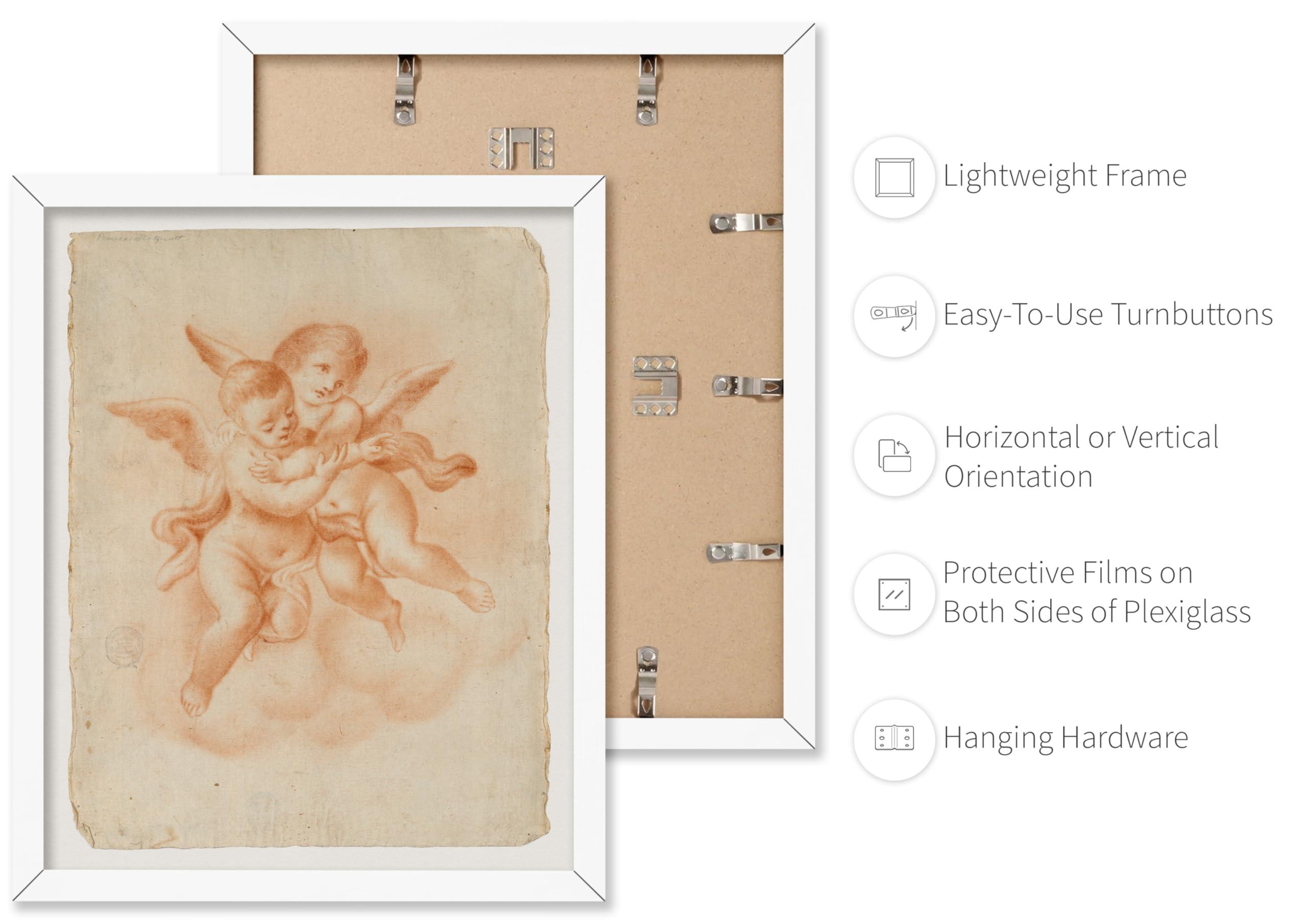 Monem Art Studio Monem Art Vintage Winged Putti in Clouds Poster - Retro Embrace Print - Mythology Art - Putto Art - Gift for Men & Women - Decor for Office, Kid\'s Room or Living Room, 16x20 White Framed