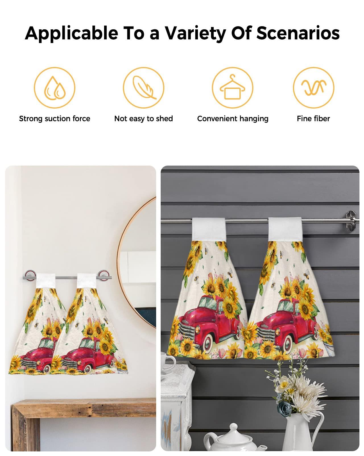 Jolunifun Spring Red Truck Bee Floral Kitchen Hand Towels with Hanging Loops,Super Soft Fingertip Dry Microfiber Tie Dish Towel Absorbent Cleaning Washcloth for Bathroom,Kitchen Summer Sunflower Sunshine Flower