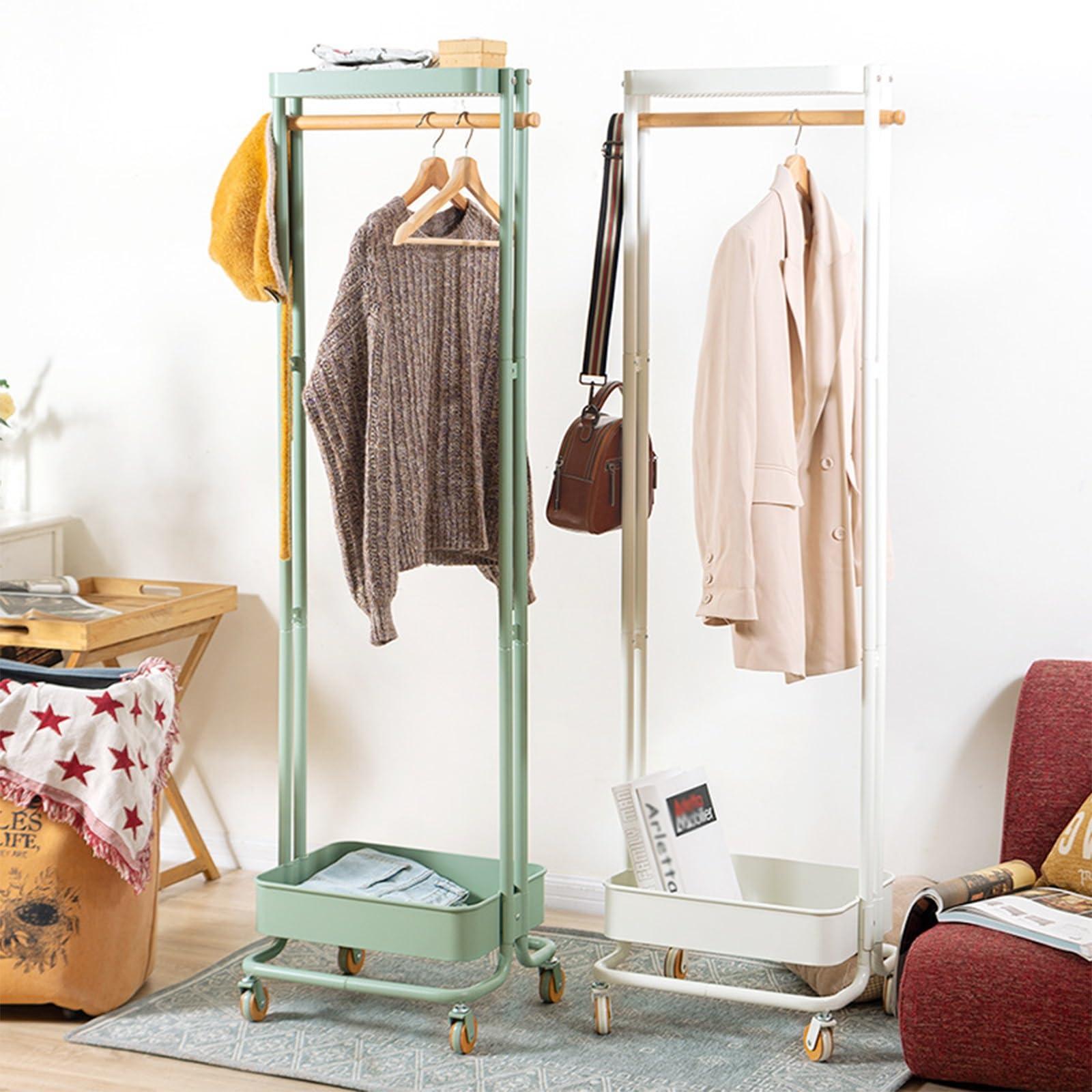 GeRRiT GeRRiT Metal Clothes Rack Vertical Hanging Clothing Rack Movable With Pulleys Coat Rack Floor-Standing Storage Racks With Double Storage Basket For Bedroom Living Room Entrance (Color : White)