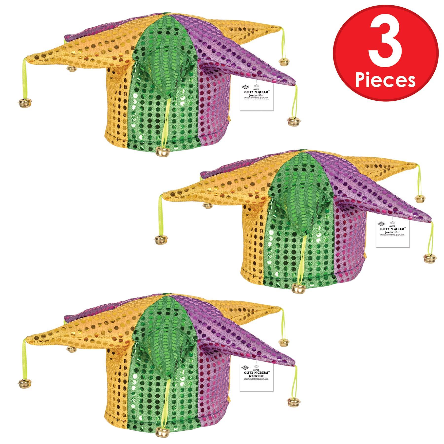 Beistle Beistle Glitz \'N Gleam Jester Hats, 3 Pack, Sequined Mardi Gras Costume Headwear with Bells in Green Gold and Purple for New Orleans Parties and Festive Celebrations