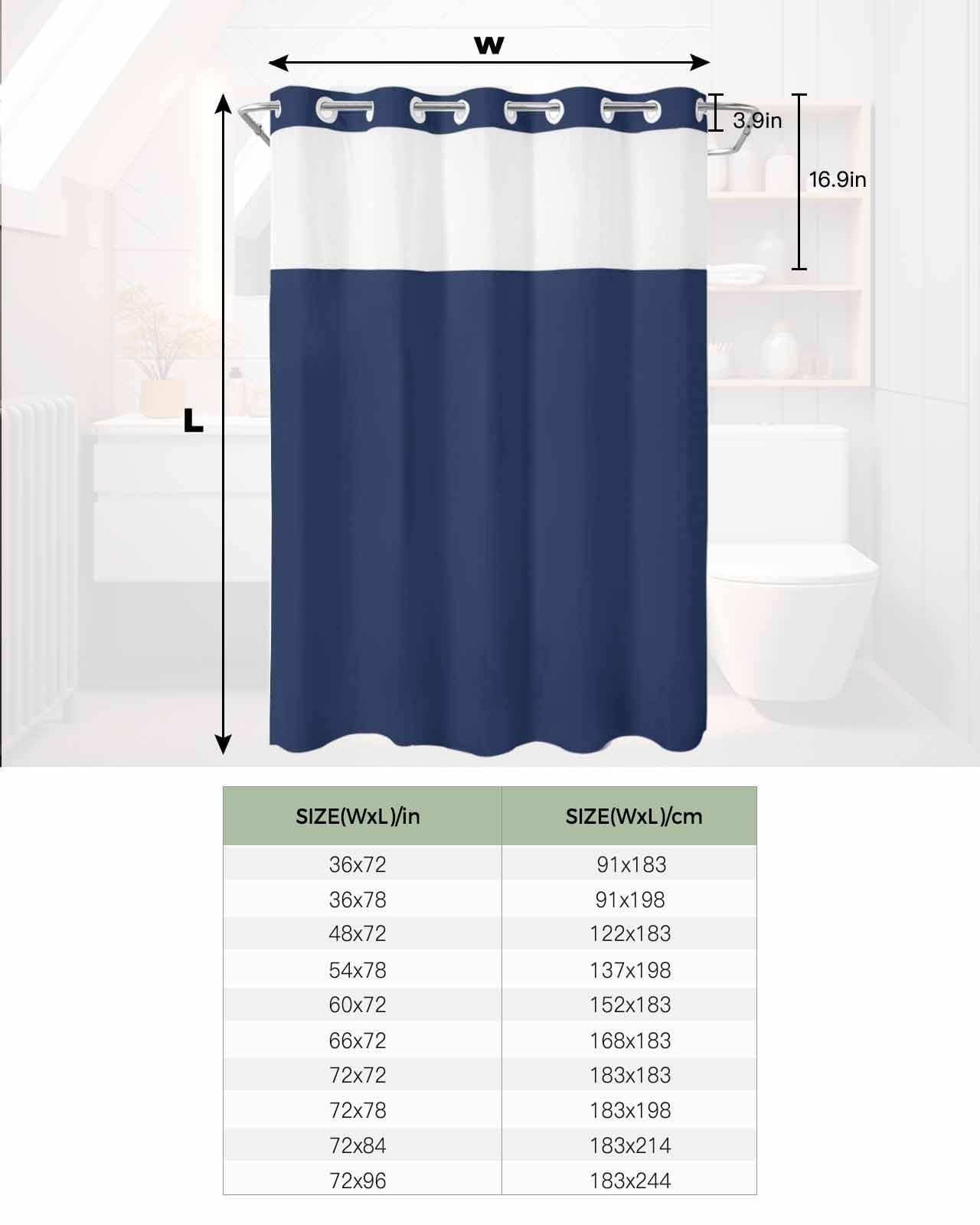 PIEPLE No Hook Shower Curtains with Snap in Liner, Navy Blue Waterproof Fabric Shower Curtain, Pure Blue Solid Color Simple Minimalism Art Double Layers & See-Through Top Window Bathroom Curtains 60''x72''