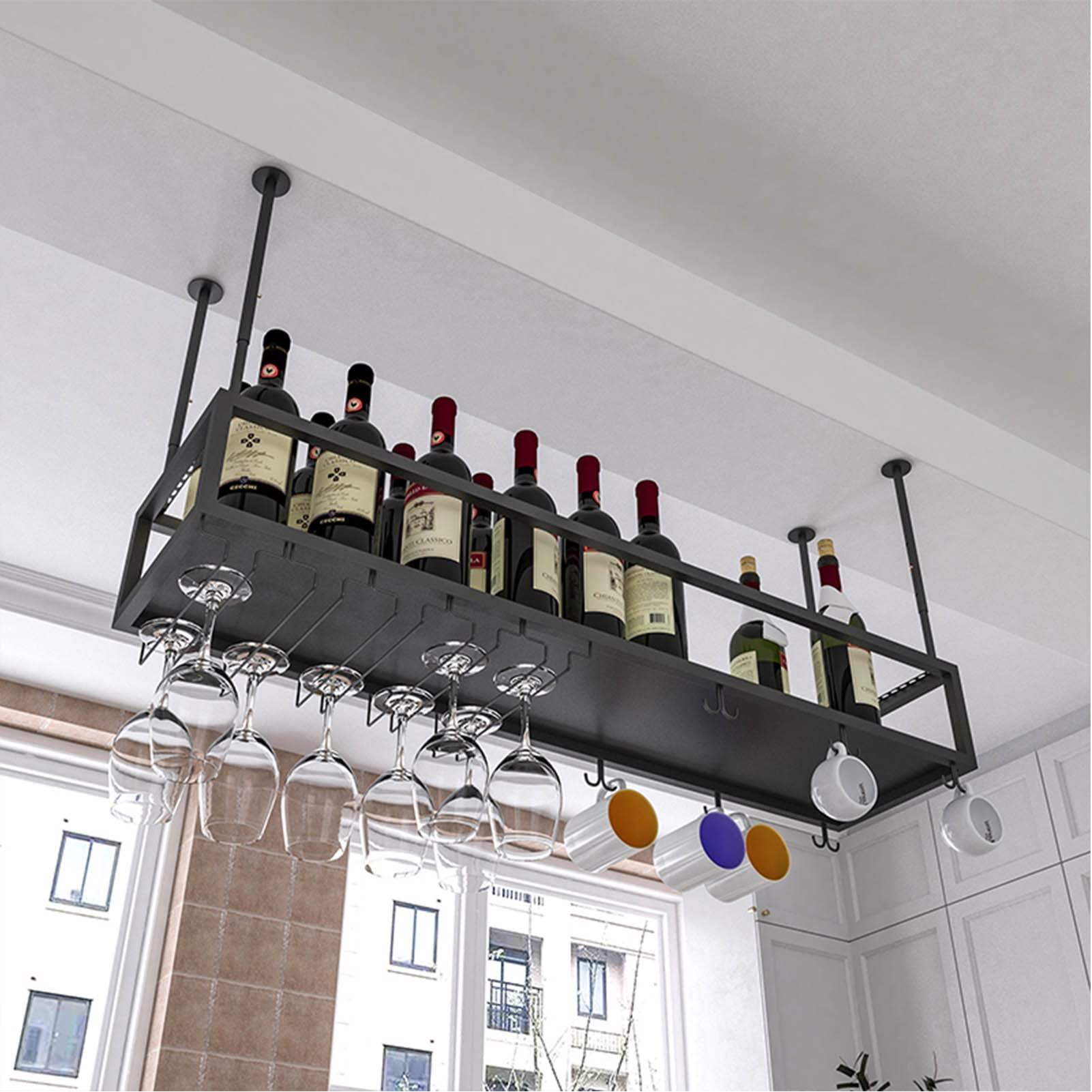 Gaommini Bar Wine Rack Ceiling Wall Hanging Wine Bottle Holder Metal, Upside Down Wine Glass Storage Racks, Goblet Stemware Racks for Under Cabinet, Kitchen Black Adjustable Height ( Size : 140x25x21cm )