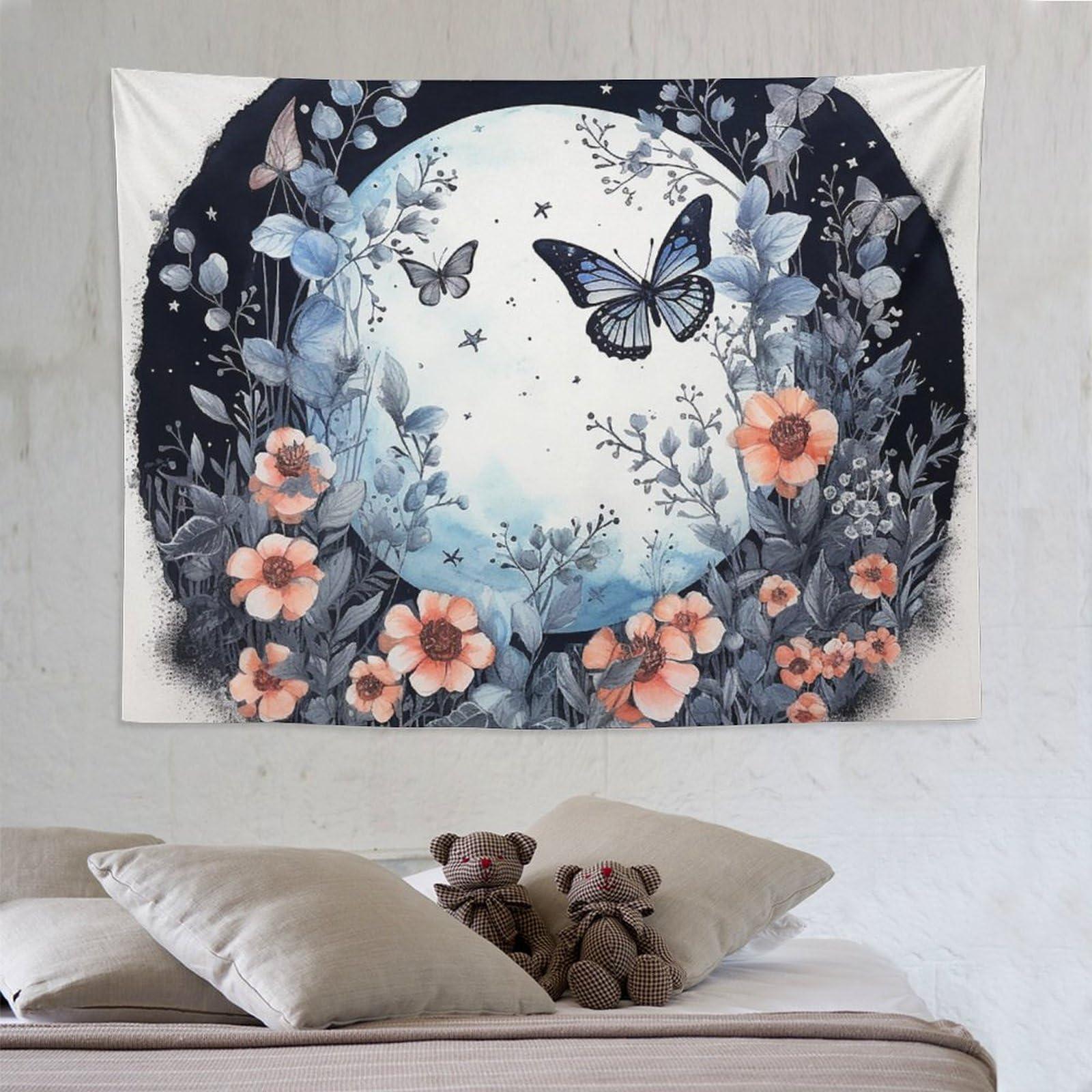 BAHELS BAHELS Blue Butterfly Moon Flower Tapestry Wall Hanging Boho Floral Plant Aesthetic Mandala Tapestry Decor for Living Room Bedroom 60\"x80\"