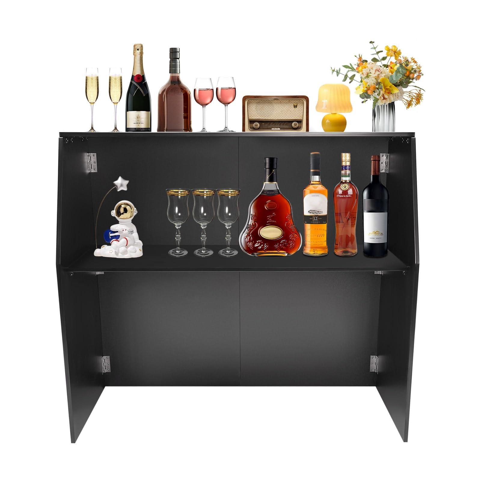 Akynjtbca Akynjtbca Bar Table Cabinet 42\" Tall Portable Event Bar, Farmhouse Coffee Bar Cabinet with Top and Middle Shelves, Foldable Bartender Station for Home&Parties (Black + Black Aluminum Cladding)
