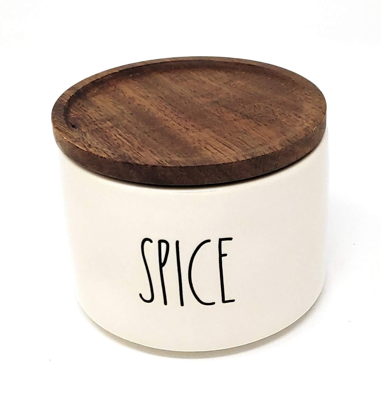 Magenta Collection Rae Dunn by Magenta, unique with perfect imperfections. SPICE, BBQ, RUB- Stacked ceramic canister set, beige, black LL, 10in x 4.25in x 4.25in