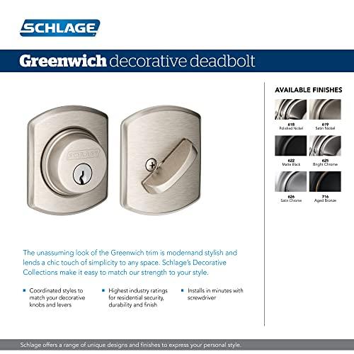 SCHLAGE Schlage B60 N GRW 622 Deadbolt with Greenwich Trim Keyed 1 Side, Highest Residential Security, Matte Black