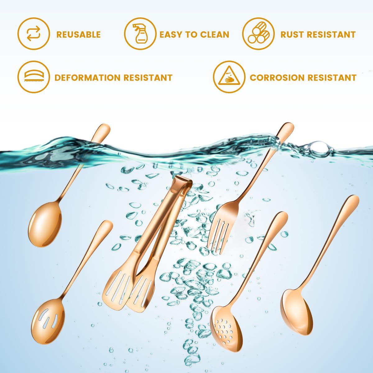 LifeMusican Rose Gold Serving Utensils Set Stainless Steel, Large Metal Serving Spoons, Slotted Spoons, Forks, Tongs, Soup and Skimmer Spoon, Cake Server serveware for Partie, Buffet, Catering, Entertaining 15pcs