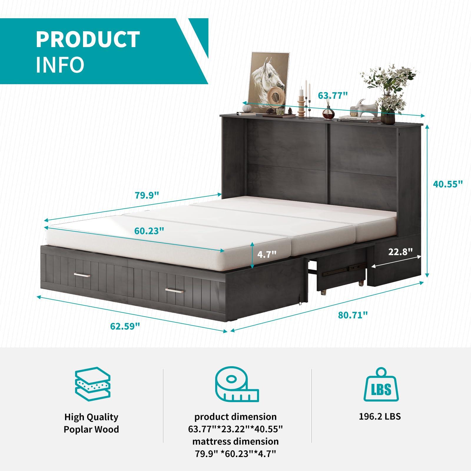 BALUS BALUS 64\" W Murphy Bed Cabinet with Mattress,Murphy Bed Queen,Modern Muti-Functional Cube Cabinet Bed 2 Large Drawers&3 Level Folding Foam Mattress for Living Room/Apartment/Loft (Stone Grey)