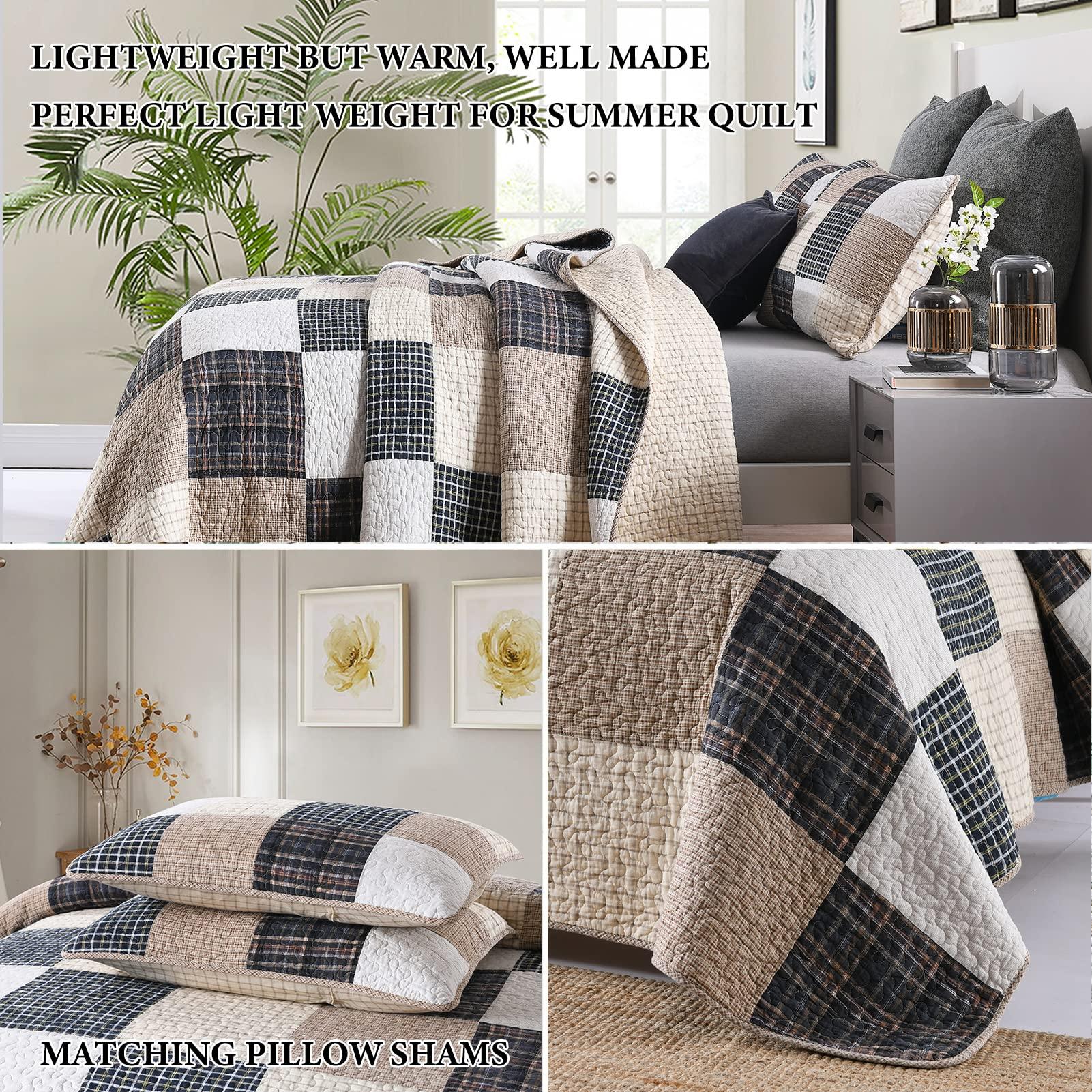 Y-PLWOMEN Y-PLWOMEN Quilts Queen Size, 100% Cotton Queen Quilt Set, Brown Khaki Black White Patchwork Plaid Queen Size Bedspread, Lightweight Reversible Soft Summer Quilt Bedding Set, 3-Pieces