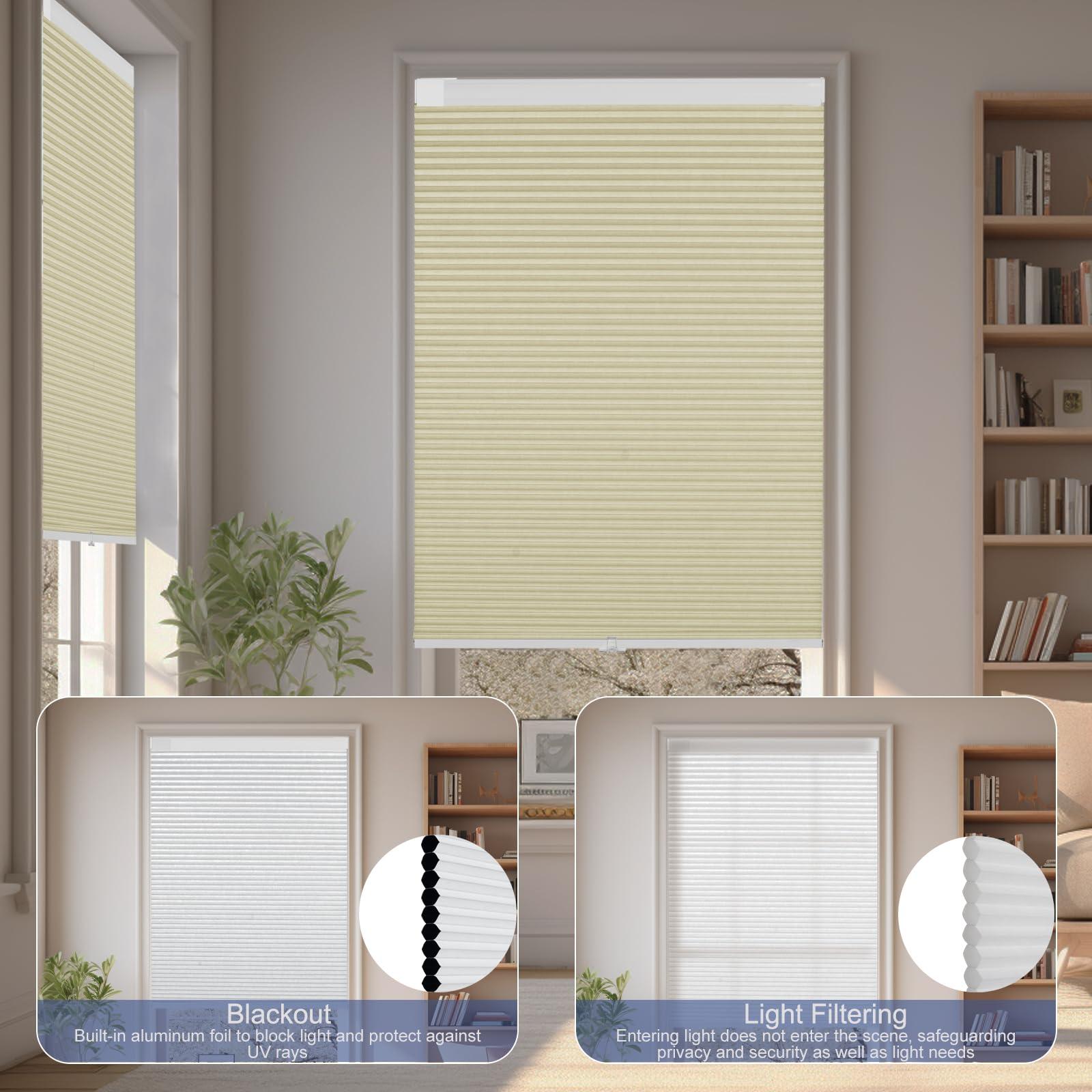 Sulugood Sulugood No Drill Blinds for Windows Blackout Cellular Shades Cordless No Tools Honeycomb Pull Down Blinds Easy Install No Screws Cellular Blinds for Room,Home,Office.Apricot yellow.28 W x 39" H