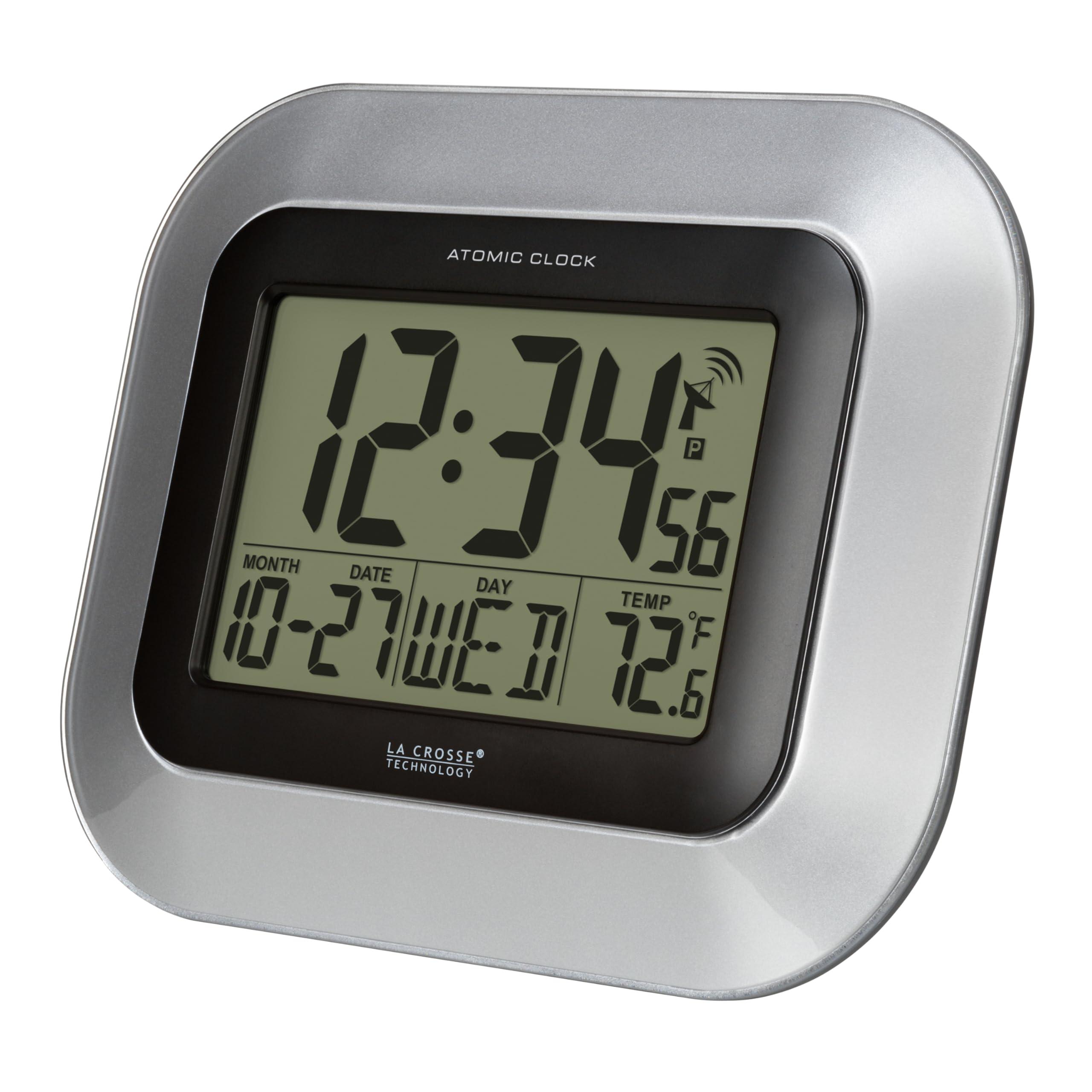 La Crosse Technology La Crosse Technology WT-8005U-S Atomic Digital Wall Clock with Indoor Temperature, Silver