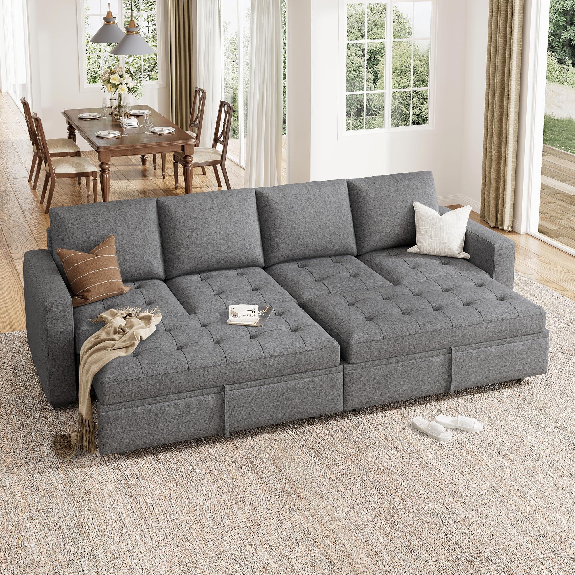 HONBAY HONBAY Modular Sectional Sleeper Sofa with Pull Out Bed, Linen Convertible Sectional Couches for Living Room,Grey