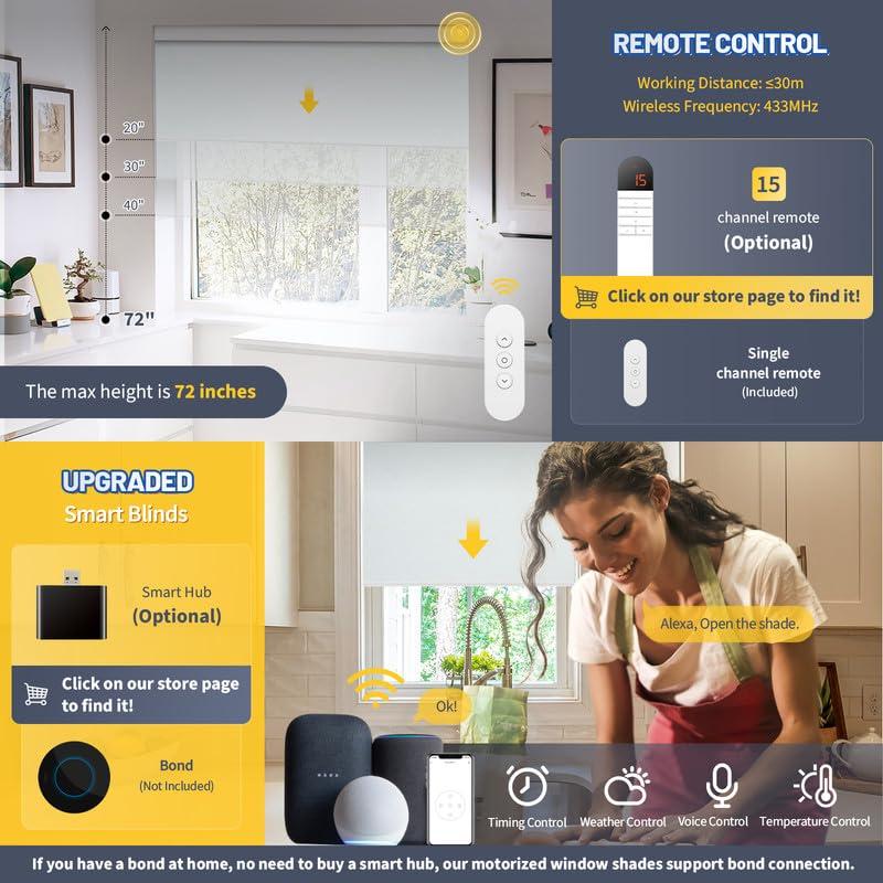 CITOLEN Motorized Blinds with Remote, Grasscloth Fabric Smart Blinds with Valance Cover, Cordless Automatic Roller Shades, Blackout Electric Blinds for Windows,Bright White 45" W x 72" H