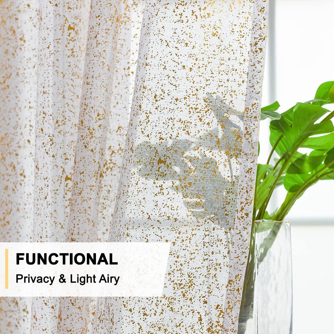 TERLYTEX TERLYTEX White Gold Sheer Curtains 84 Inches Long, Metallic Gold Foil Spots Design Sparkle Sheer Curtains for Living Room, Privacy Grommet Shimmer Sheer Curtains 2 Panels Set, 52 x 84 Inch, White Gold