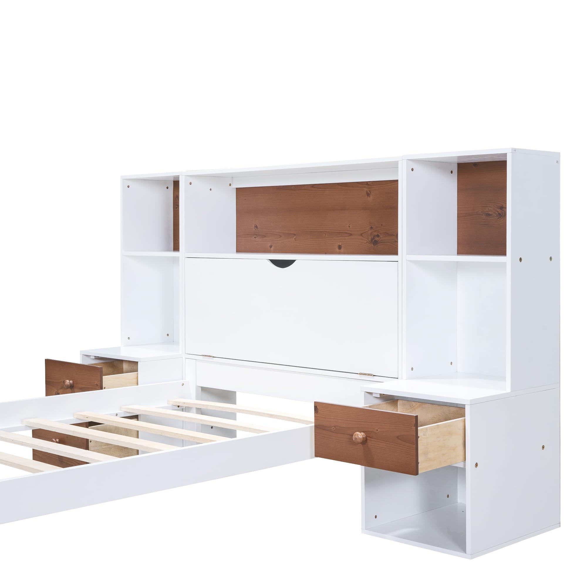 Brabrety Twin Size Platform Bed with Storage Headboard and Drawers,with Two Nightstands Solid Pine Wood Platform Bed,Plenty of Storage Makes it Ideal for Bedroom Furniture.