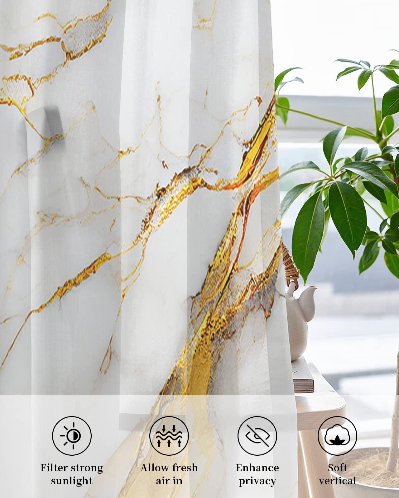 Homechoid Marble Gold Grey Sheer Curtains 45 Inches Long 2 Panel Set, Modern Abstract Minimalist Art Light-Filtering Semi Sheer Drapes Window Curtains for Living Room/Bedroom 52x45x2