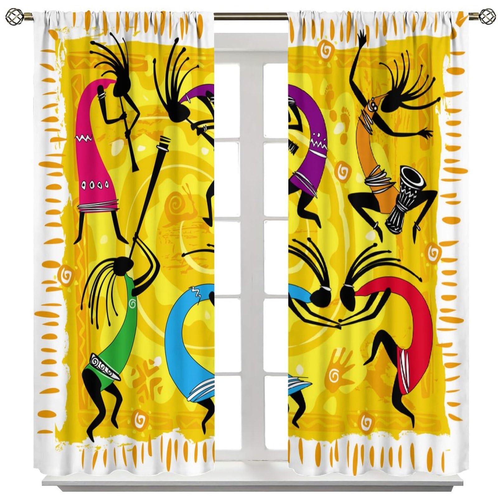 SanLunChe Kokopelli Curtains, Dancing Playing Musical Instrumentss on Tribal Patterns Artwork Thermal Insulated Room Darkening Curtains for Living Room Bedroom Drapes 2 Panels 52x96in