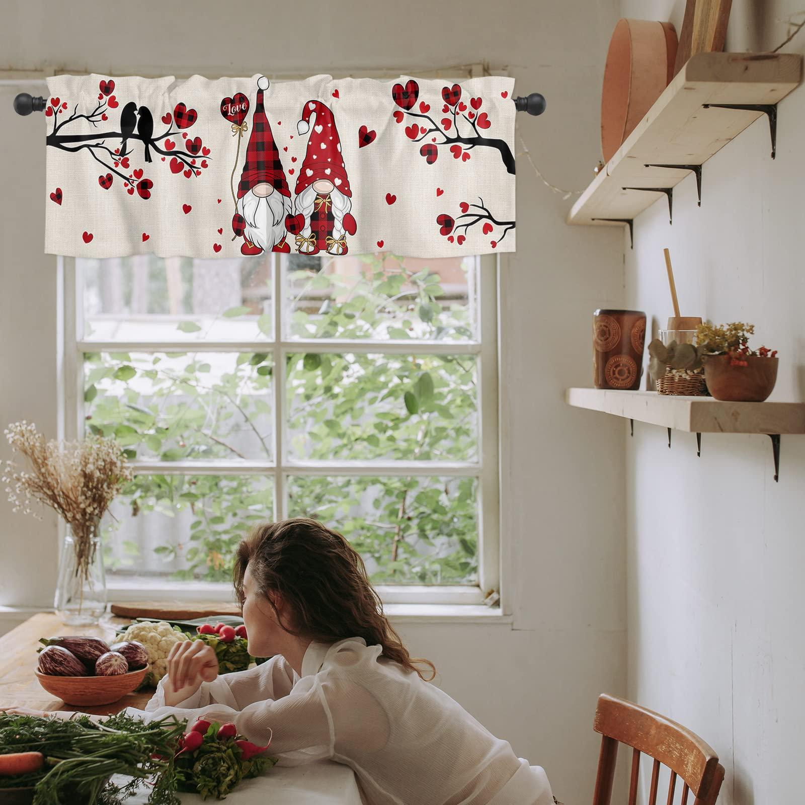 Kewadony Kewadony Kitchen Curtains Valances, Valentine\'s Day Rod Pocket Valances for Windows, Red Black Plaid Gnomes Love Tree Burlap Short Window Valances for Living Room/Bedroom, 54 x 18 Inch