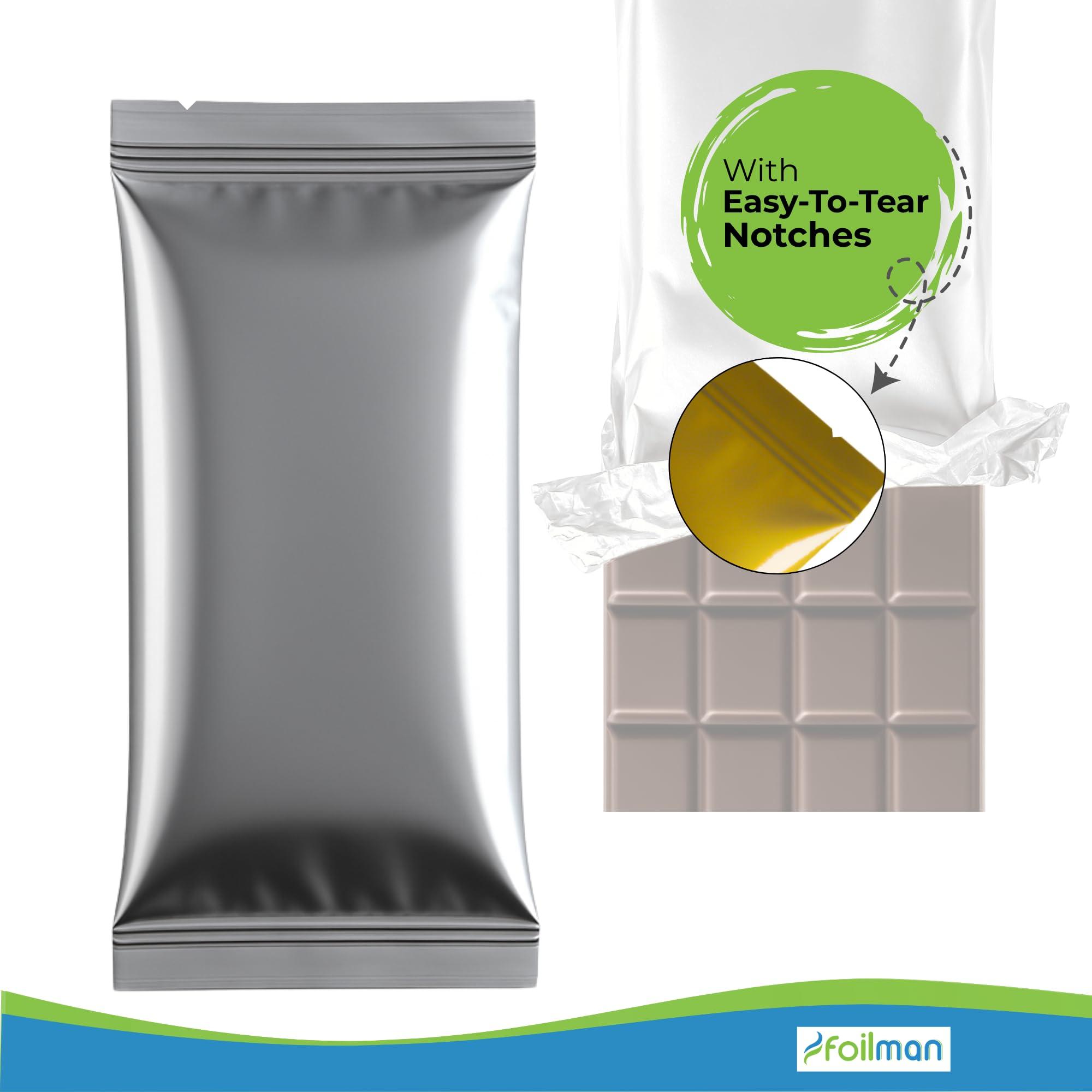 Foilman Foilman - Heat Seal Bags (Metallized) For Chocolate Bar Wrapping With Tear Notches - 100 Pack (3 1/2 x 7 1/2, Silver)