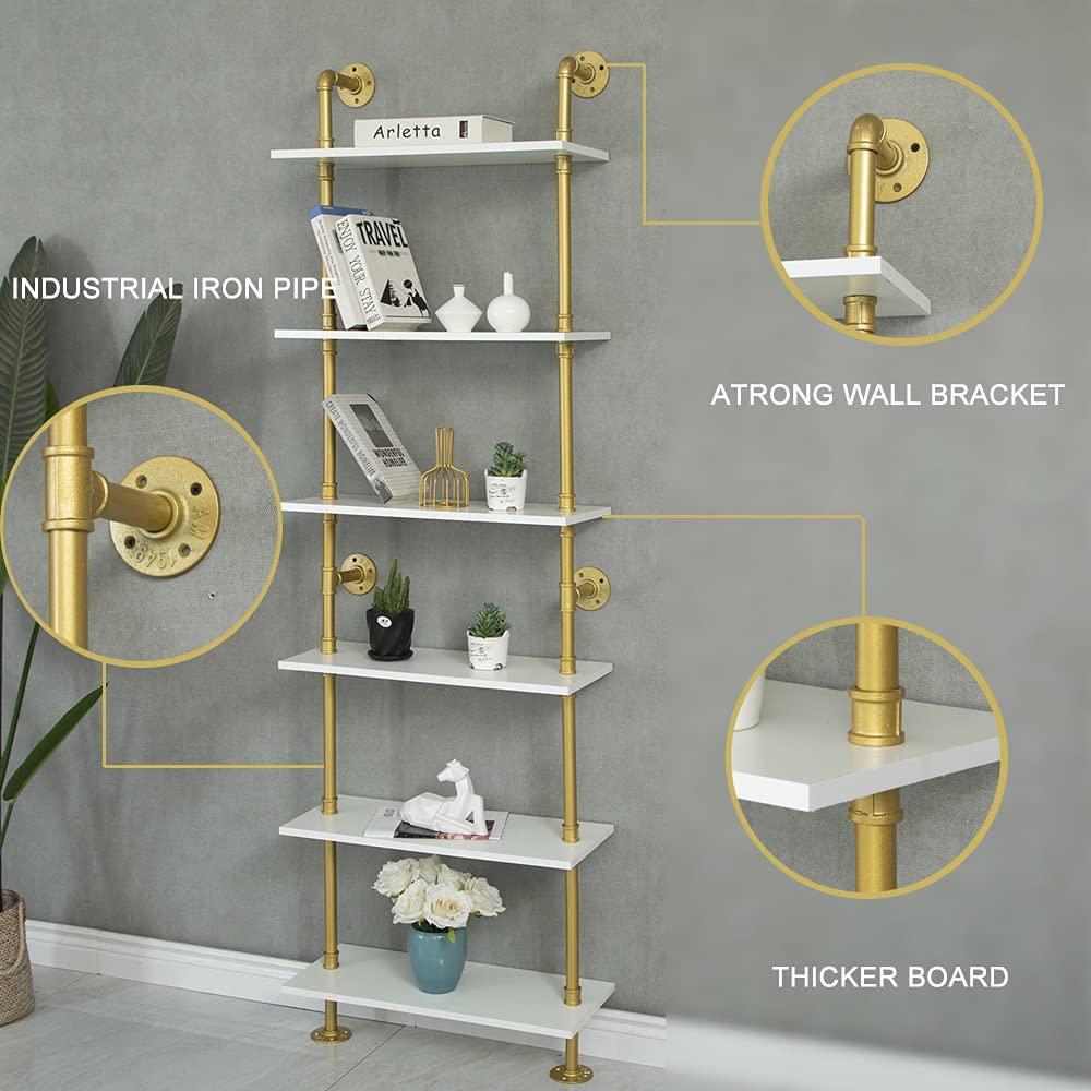 HEONITURE HEONITURE Industrial Gold Bookshelf-6 Tier Wall Mounted Ladder Bookshelf, Rustic Gold Storage Book Shelves Display Bookcases for Living Room/Home/Office