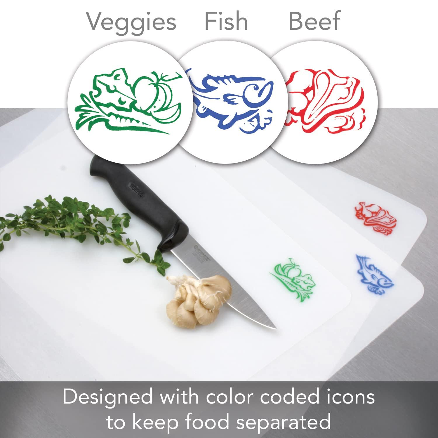 Counterart Flexible Cutting Board Mats Set of 3, Clear Frosted with Food Icons, Made in the USA of BPA Free Food Grade Plastic, 11.5 x 15
