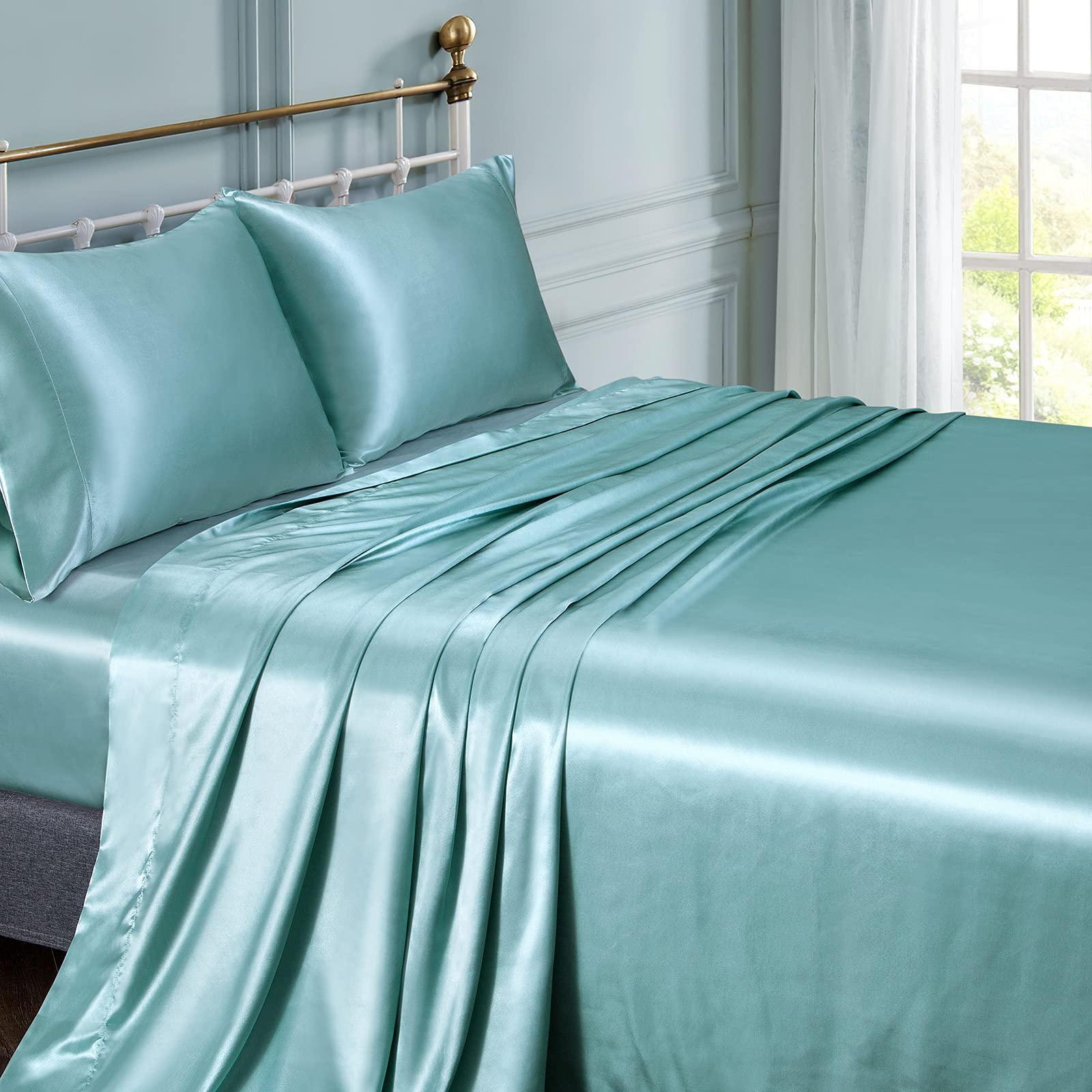 Soft Mercantile Satin Sheets Twin XL Silky Soft Satin Bed Sheets Aqua, 15" Deep Pocket 1 Fitted Sheet + 1 Flat Sheet + 2 Pillowcases
