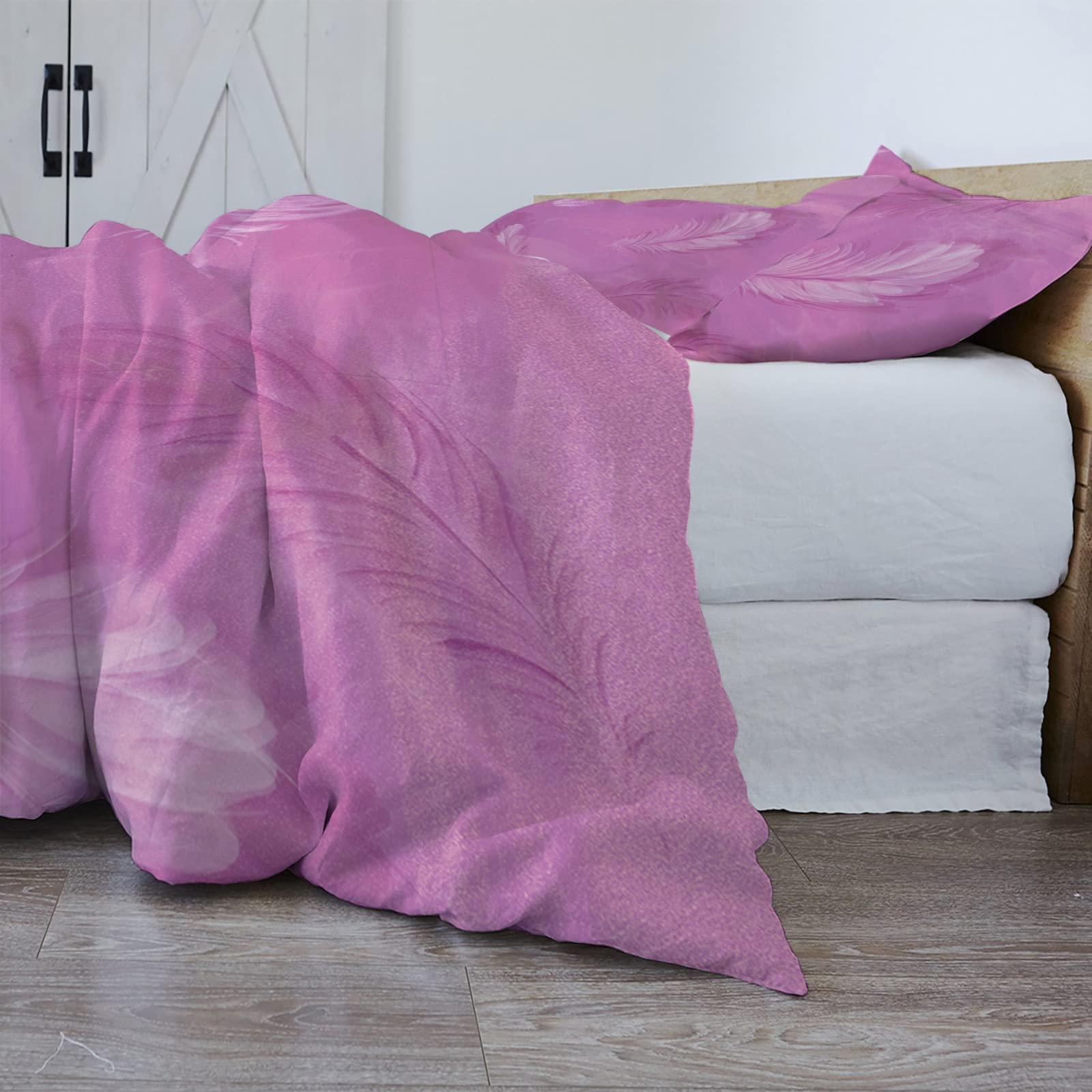 Debedcor Pink White Feather Duvet Cover Full Size, Fuchsia Ombre Smoke Comforter Cover with Zipper Closure, 3 Piece Bedding Sets 1 Duvet Cover 86x86 Inches and 2 Pillow Shams