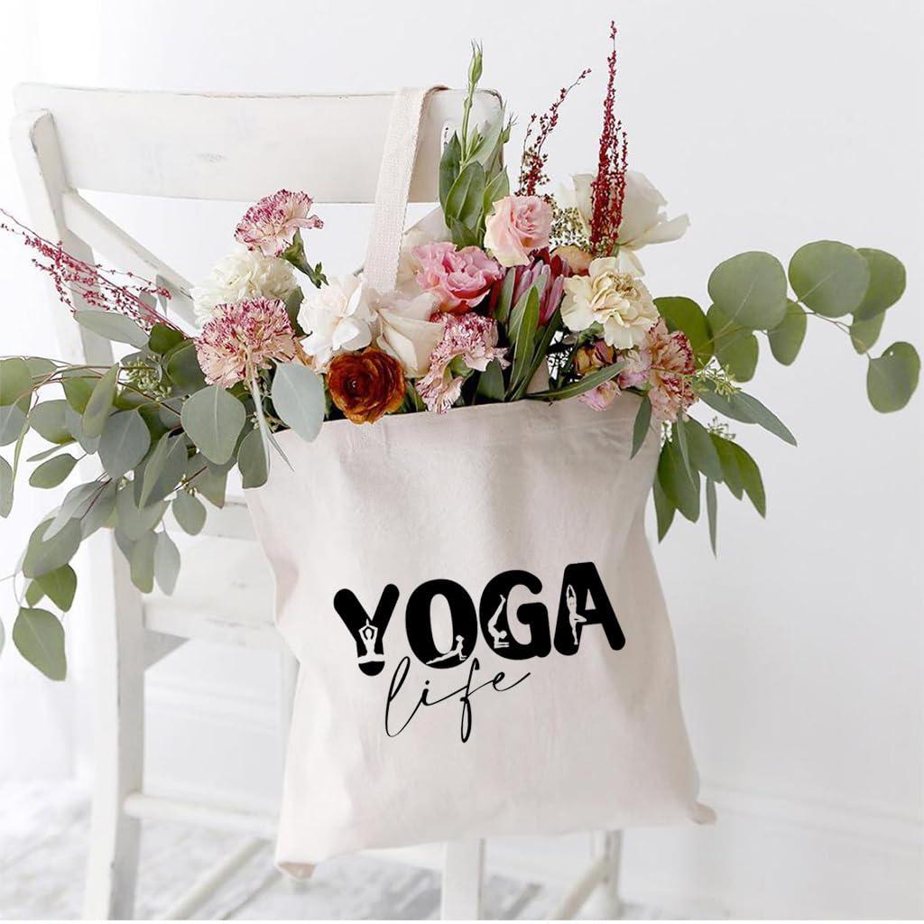 HONTOUTE HONTOUTE Yoga Life Bag Yoga Tops Funny Letter Print Soft Handbag Ecoright Aesthetic Canvas Tote Bag Shoulder Hobo White L
