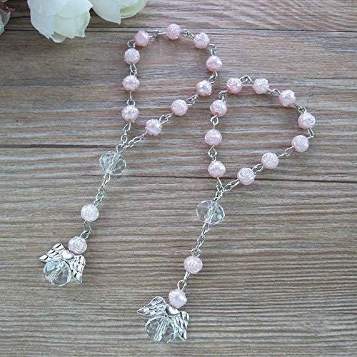 WE WE 24 Pcs Pink Mini Rosary baptism First Communion Favors with Angels for Girl Recuerdos de Bautizo Finger Rosaries Silver Plated