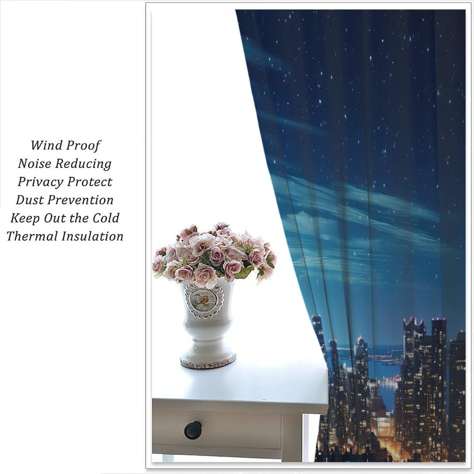 BATPLY Modern City Landscape Curtains, Dreamy Glitter Aurora Starry Sky Decor Night Riverside Urban Skyscraper Scenery Drapes, Blackout Rod Pocket Window Treatments for Living Room Bedroom Bathroom 63x72in