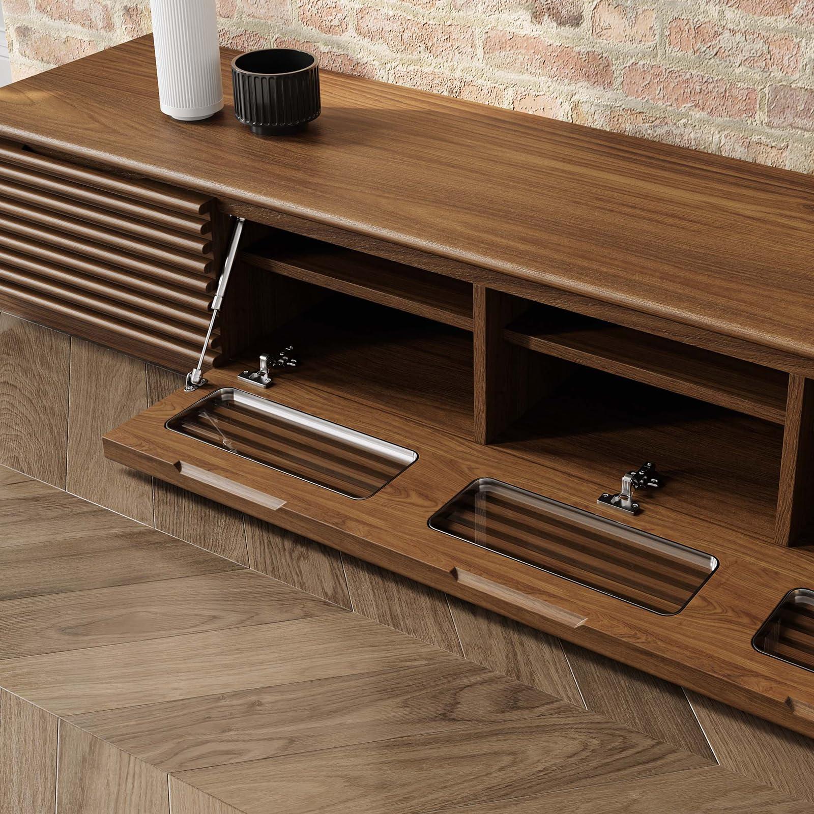 POVISON POVISON Wood Media Console, 70\'\' Mid-century Modern TV Stand with Storage, Assembly-Free Slatted TV Cabinet with Customized Compartments & Solid Pinewood Drawer