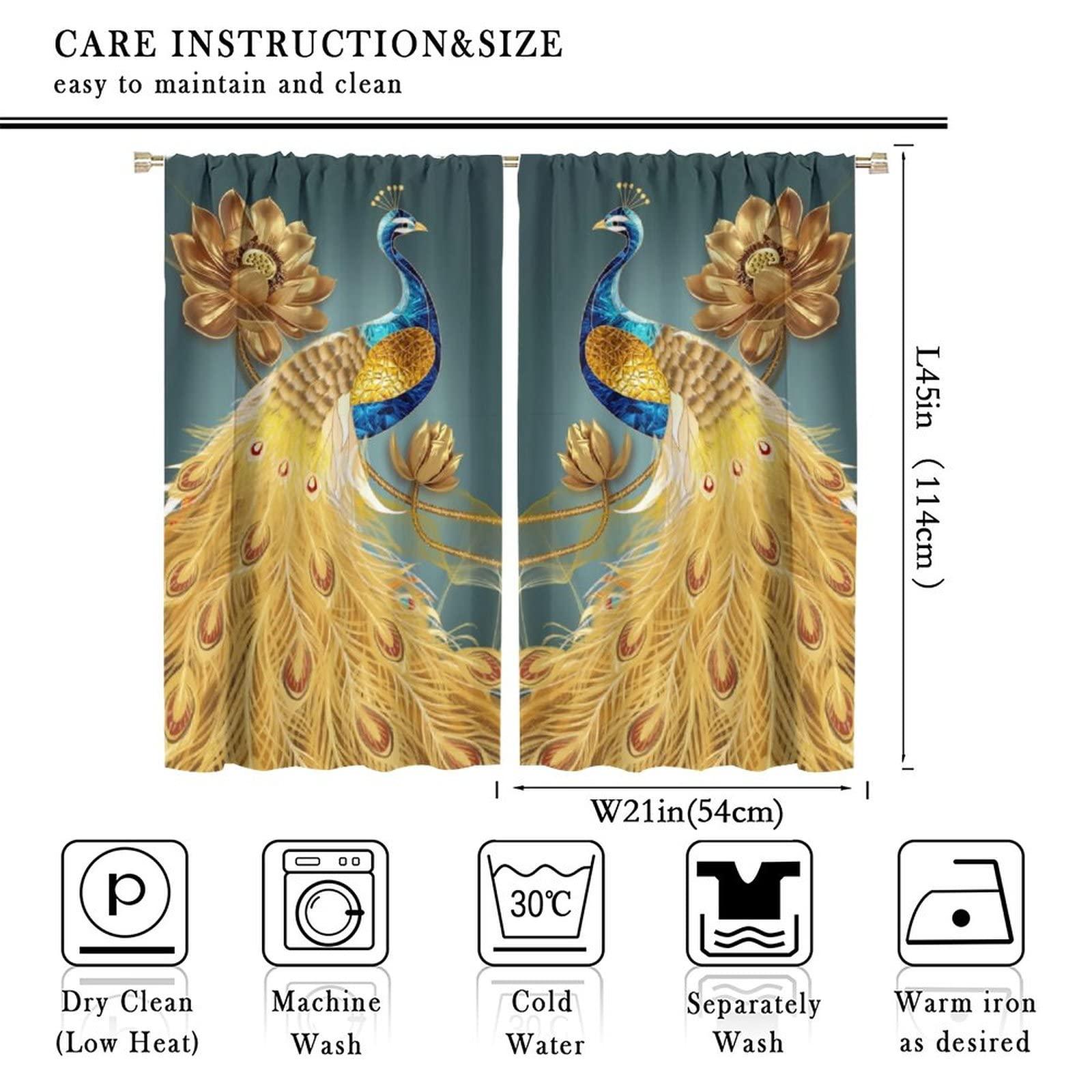 AuiMzoo Peacock Blackout Curtains, Beautiful Blue and Gold Peacock Standing On Golden Lotus, Women Bedroom Living Room Curtains 2 Panel Set, 42x45 Inch