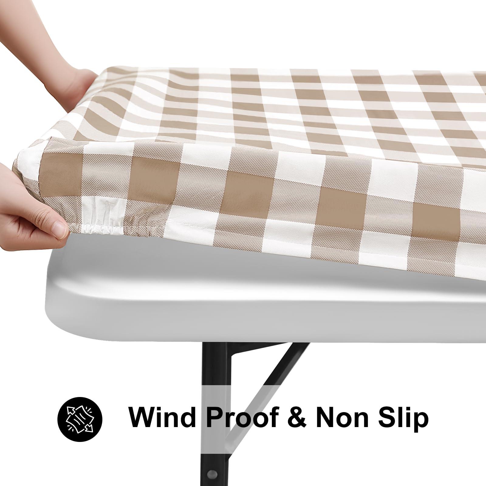smiry smiry Rectangle Picnic Table Cloth, Elastic Waterproof Fitted Vinyl Tablecloth for 6 FT Tables, Flannel Backed Buffalo Plaid Table Covers for Dining, Camping, Outdoor (White and Khaki, 30\" x 72\")