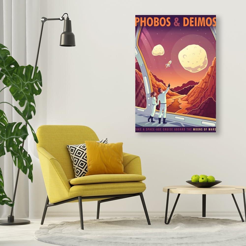 LuminDaze LuminDaze Phobos and Deimos Poster Retro Space Wall Art Outer Space Travel Picture Decoration Exoplanet Galaxy Mars Planet Exploration Art Canvas Print Retro Futuristic 20x30inch Unframed, style-14