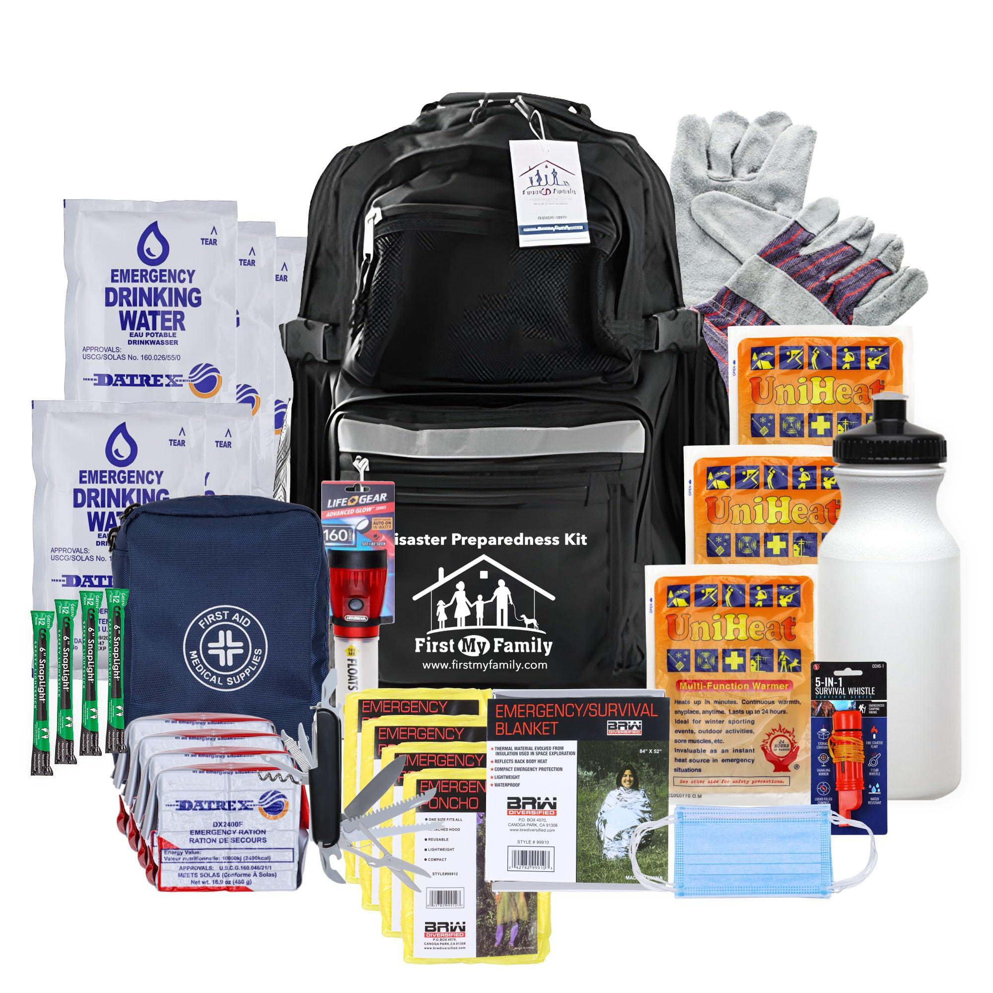 FIRST MY FAMILY A DISASTER PREPAREDNESSCOMPANY First My Family All-in-One 4 Person, 72 Hour Emergency Survival Kit for Fires, Earthquakes, Hurricanes, Floods, Tsunami and Other Disasters - Premium Black Backpack