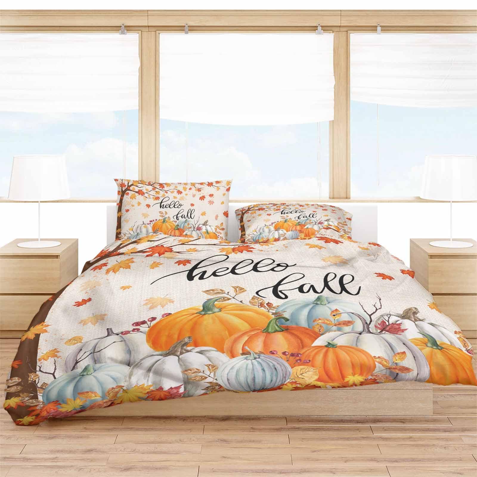 DecorLovee DecorLovee Hello Fall Duvet Cover Set 3 Pieces with Zipper Closure, Pumpkins Autumn Botanical Thanksgiving Rustic Bedding Sets 1 Duvet Cover & 2 Pillow Cases, Comforter Cover Set Duvet Cover Twin
