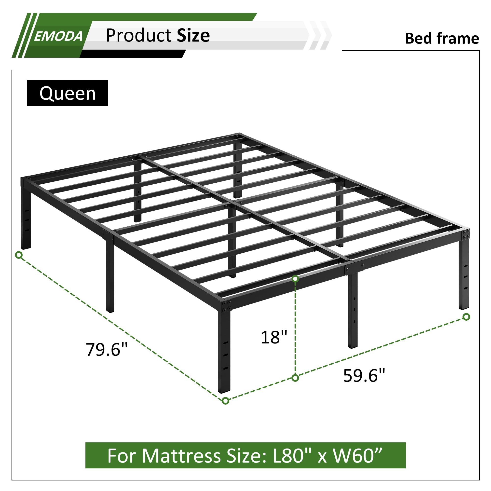 EMODA EMODA Queen Bed Frame No Box Spring Needed 18 Inch Heavy Duty Metal Tall Platform Bed Frame Queen Size with Large Storage Space, Easy Assembly, Black