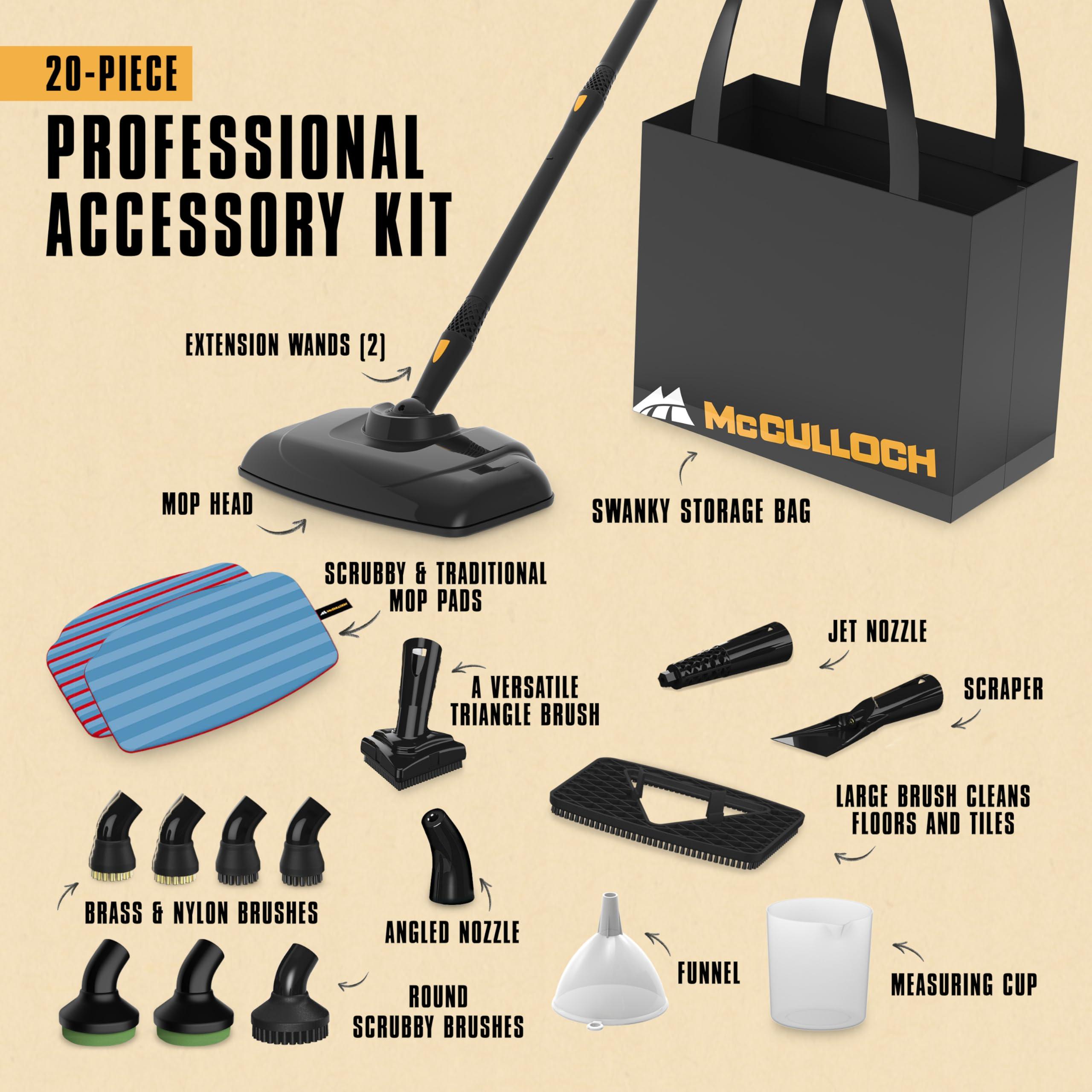 McCULLOCH McCulloch MC1375 Canister Steam Cleaner with 20 Accessories, Extra-Long Power Cord, Chemical-Free Cleaning for Most Floors, Counters, Appliances, Windows, Autos, and More, 1-(Pack), Black