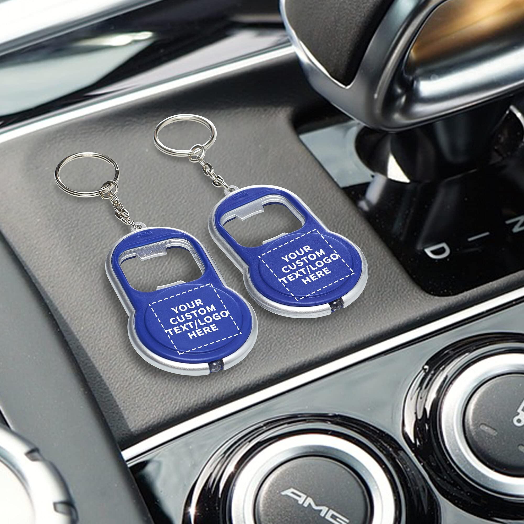 DISCOUNT PROMOS DISCOUNT PROMOS Custom Bottle Opener & LED Keychains Set of 50, Personalized Bulk Pack - Perfect for Tradeshows, Party Favors, Other Events - Blue