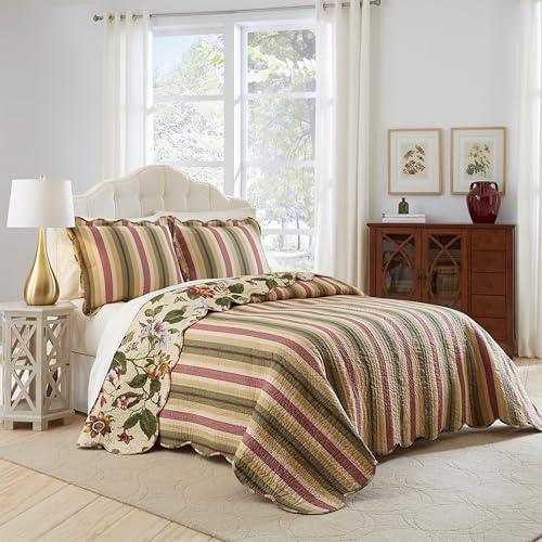 Waverly Waverly Laurel Springs Modern Farmhouse Floral 3-Piece Reversible Quilt Bedding Bedspread Set, Full/Queen, Parchment