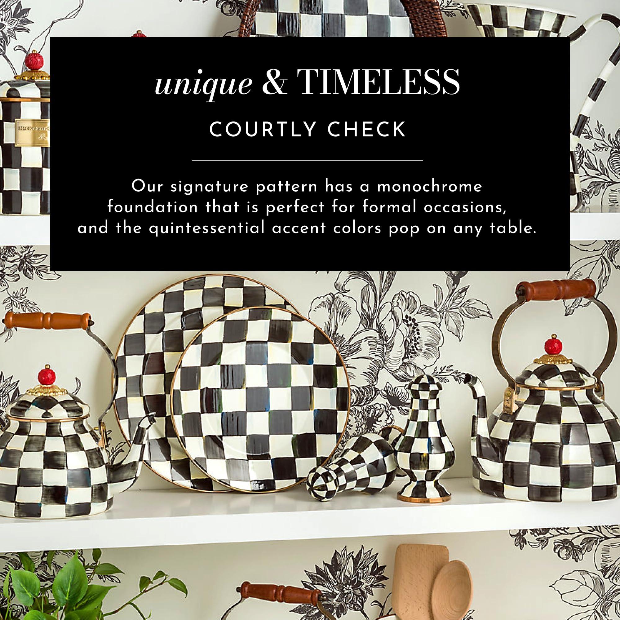 MACKENZIE-CHILDS MACKENZIE-CHILDS Enamel Tea Party Set, Unique Teapot and Teacups, Tea Accessories Set, Black-and-White Courtly Check