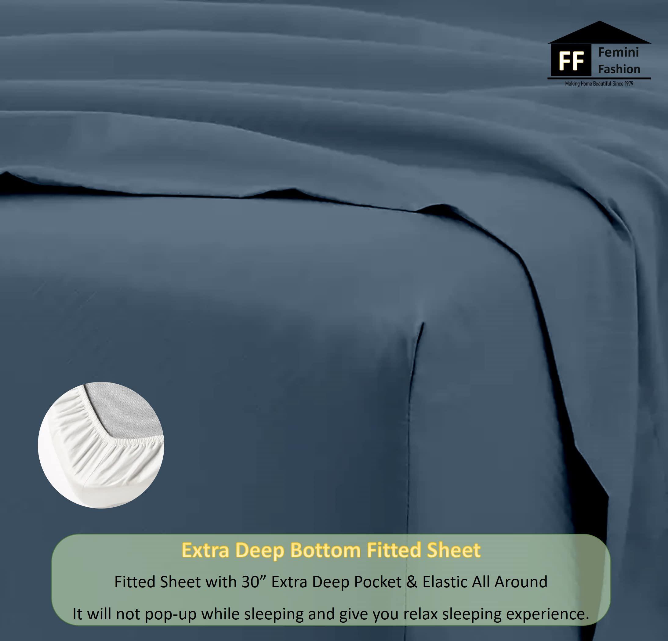 Femini Fashion Extra Deep Pockets 1000 Thread Count 100% Organic GOTS Certified Cotton, 30-Inch Deep-Pocket, 4-Piece Bed Sheet Set (1 Flat Sheet, 1 Fitted Sheet, 2 Pillow Covers) - Full-XL, Mediterranean Blue