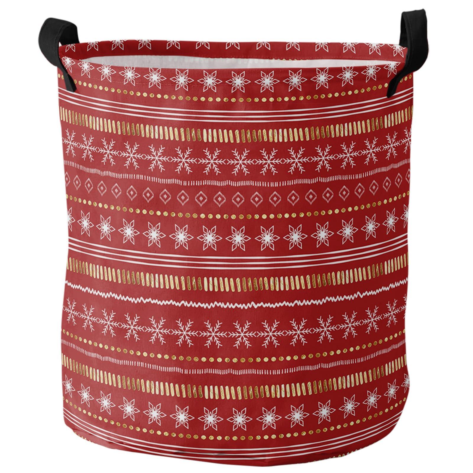 ZOE STORE Red Christmas Large Laundry Basket, Waterproof Laundry Hamper for Baby Clothes, White Winter Snowflake Yellow Geometric Abstract Foldable Laundry Baskets with Handles, 16.5\'\'x17\'\'