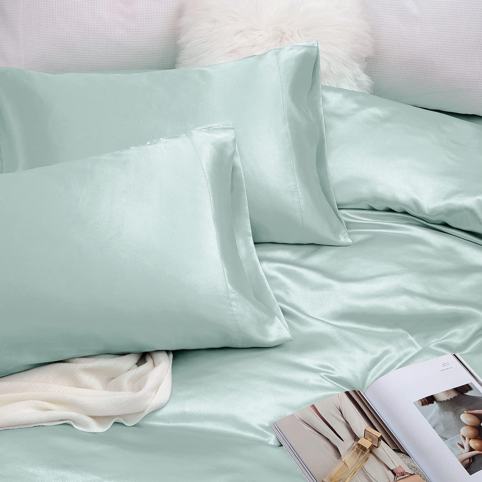 Selection Bedding California King Size Sheet Set - 6 Piece - Hotel Luxury Satin Silk Bed Sheets - 19 Inches Deep Pocket - Breathable & Cooling - Aqua Blue - Flat Sheet, Fitted Sheet & 4 Pillowcases