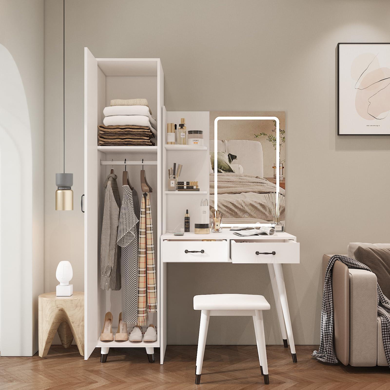 Thxbyebye White Makeup Vanity Desk with Side Storage Shelf, Vanity Table with Slim Cabinet, Dressing Table, Makeup Vanity Set with Side Cabinet, Makeup Vanity Table and Power Outlets, Makeup Table with Shelves