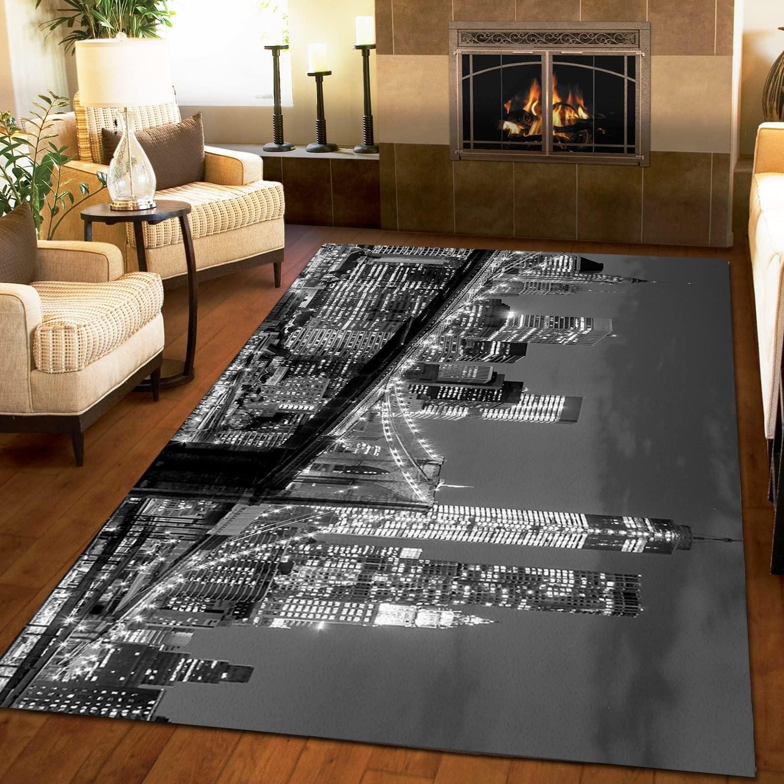 ELLECO Brooklyn Bridge Night Scenery Area Rug, New York City Skyline Soft Washable Rug, Anti-Slip Backing Decorative Rug for Living Room Bedroom Kitchen Dining Room Home Rug Laundry Room Rug 6.6ftx5.3ft