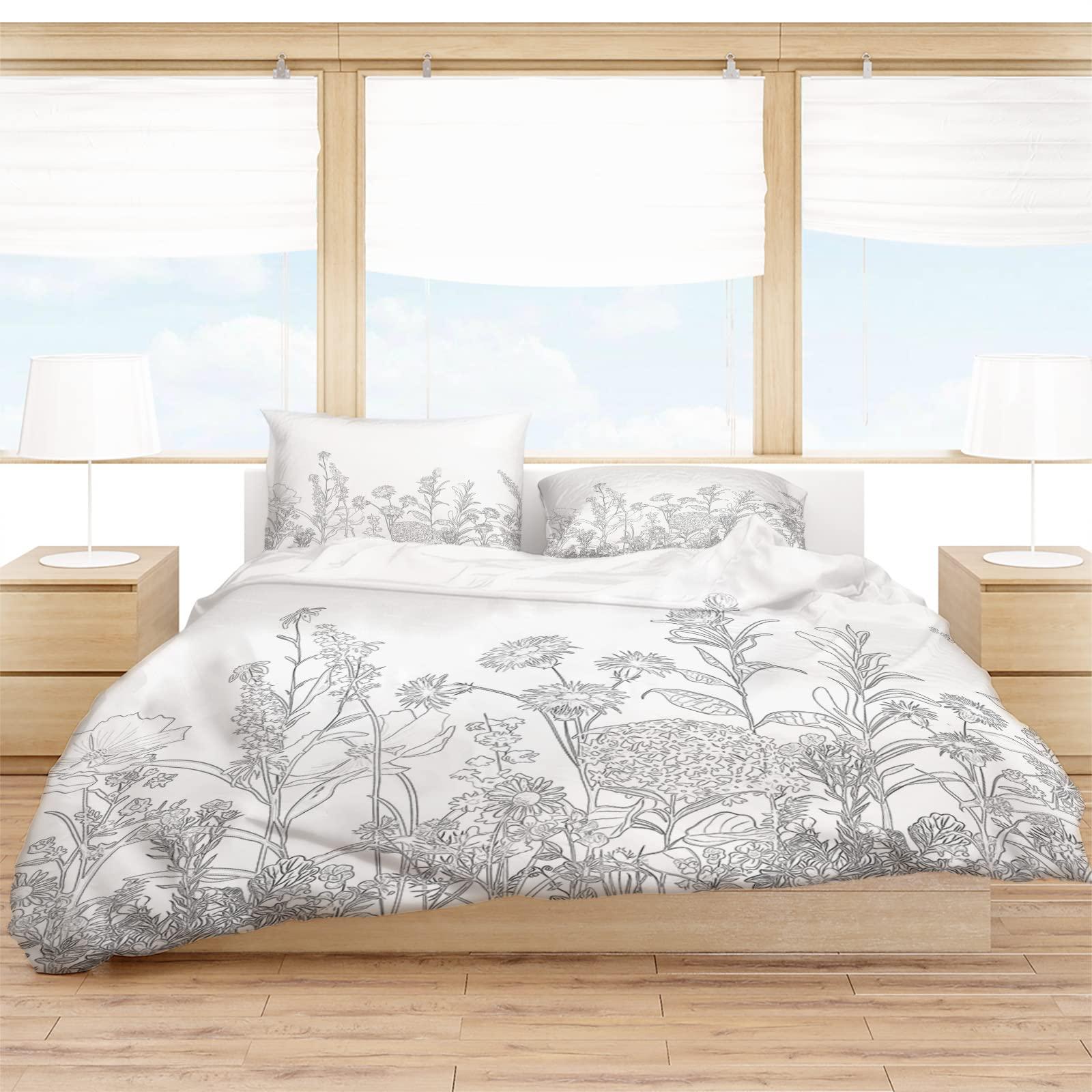 Debedcor Lavender Flower Sea Duvet Cover Cal. King Size, Black and White Retro Botanical Floral Comforter Cover with Zipper Closure, 3 Piece Bedding Sets 1 Duvet Cover 90x106 Inches and 2 Pillow Shams