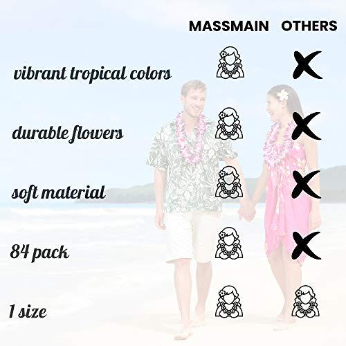 Massmain Hawaiian Flowers Leis Tropical Necklace - 36 Luau Garland 36 Umbrella Straws 12 Flower Hair Clips